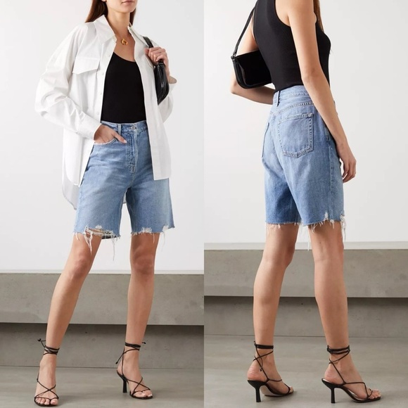 Revolve Grlfrnd Step It Up Distressed Bermuda Denim Shorts 25 High Rise Marjan